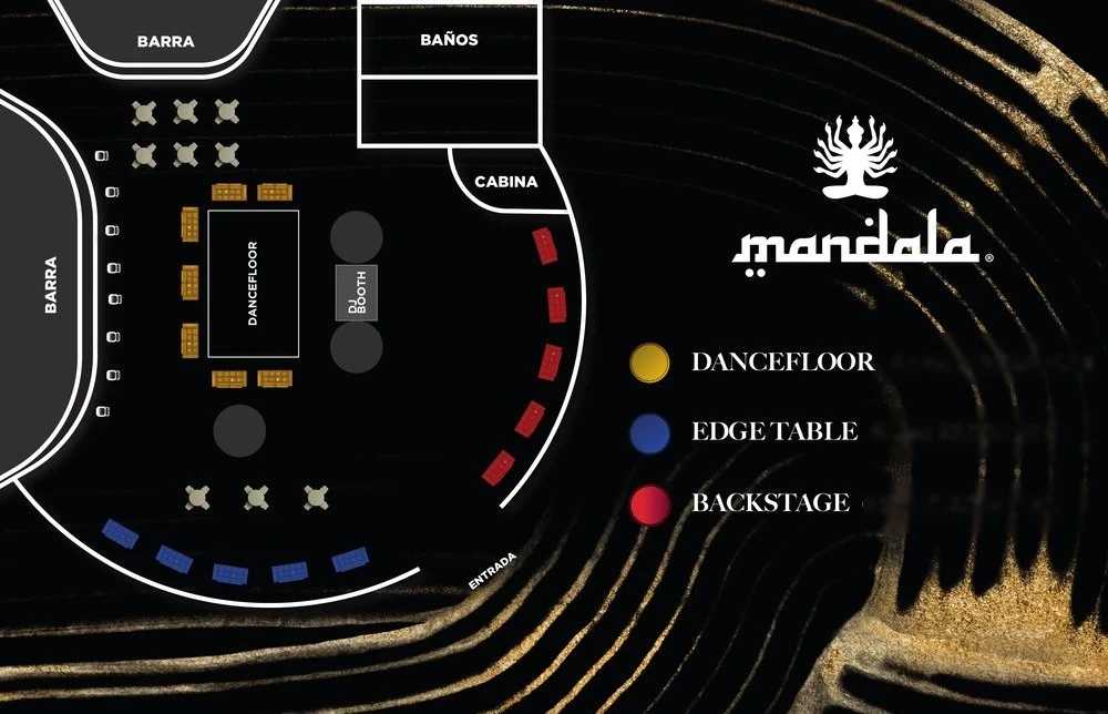 Mandala Night Club floor plan: gold Dancefloor tables around the dance floor and DJ booth, blue Edge Tables along the entrance curve, red Backstage tables beside the cabin, with two bars and restrooms marked.